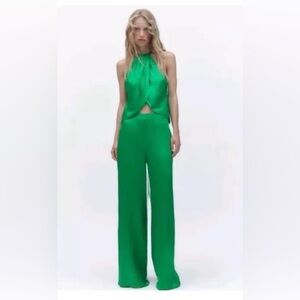 Matching Zara Green halter top with wide legged pants
